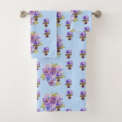 Shabby Chic Blue Pansy Floral Polka Dot Towel Set