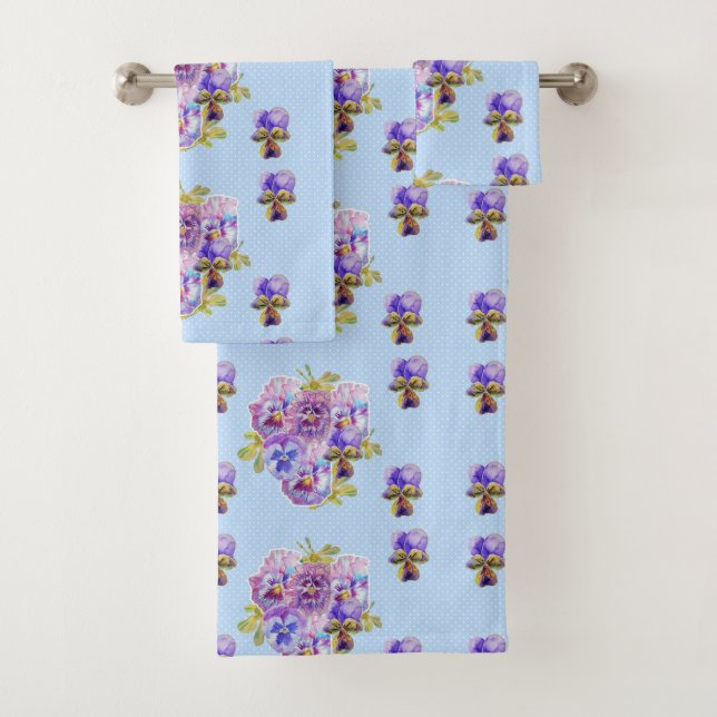 Shabby Chic Blue Pansy Floral Polka Dot Towel Set (Insitu)