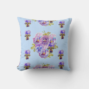 Shabby Chic Blue Pansy Floral Watercolor Cushion