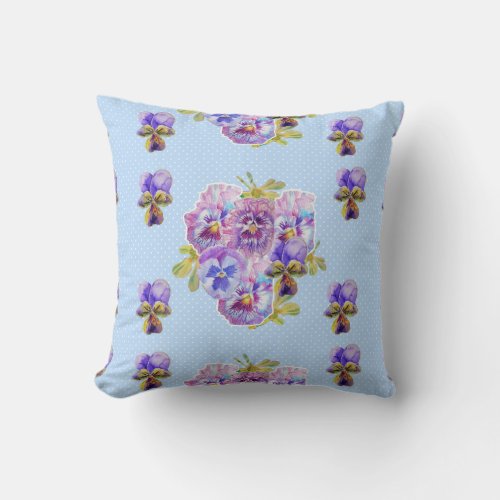 Shabby Chic Blue Pansy Floral Watercolor Cushion