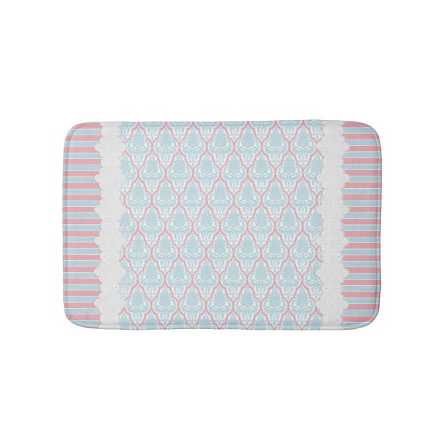 Shabby Chic Blue & Pink Damask Bathroom Mat (Front)