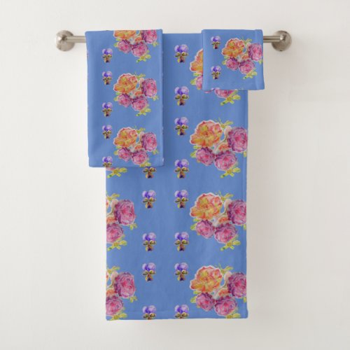 Shabby Chic Blue Pink Red Roses Floral flowers Bath Towel Set