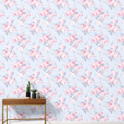 Shabby Chic Blue Pink Rose Pattern Wallpaper