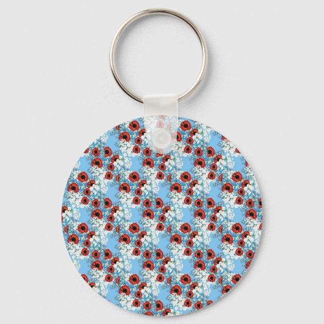 Shabby chic blue red floral flower print by LeahG Keychain (Front)
