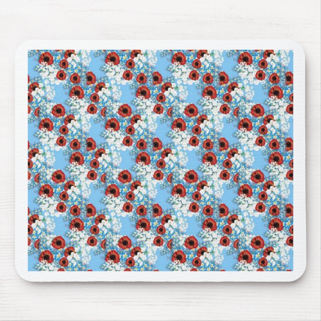 Shabby chic blue red floral flower print by LeahG Mouse Pad (Front)