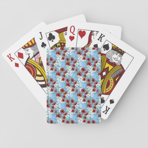 Shabby chic blue red floral flower print by LeahG Poker Cards