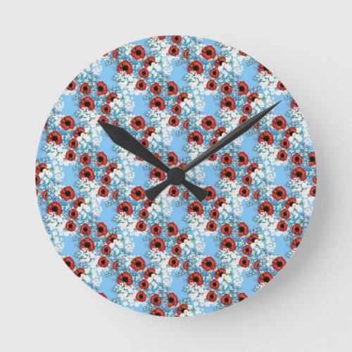 Shabby chic blue red floral flower print by LeahG Round Clock