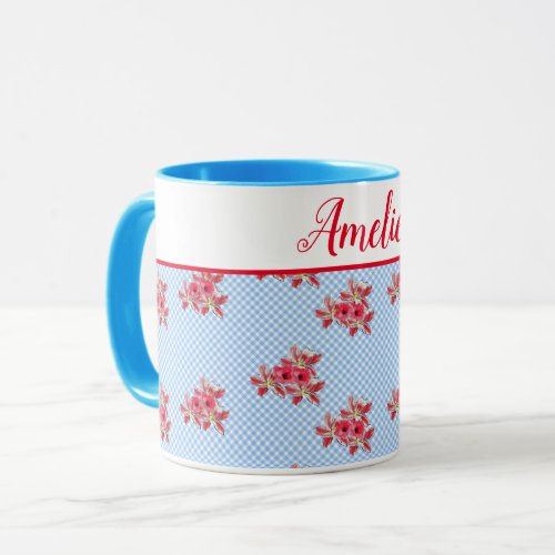 Shabby Chic Blue Red Floral Lily Gingham Art Mug