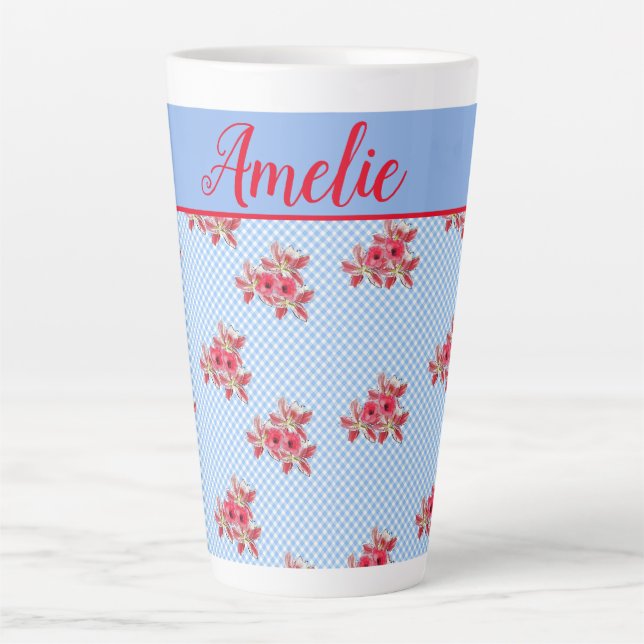 Shabby Chic Blue Red Floral Lily Gingham Latte Mug (Front)