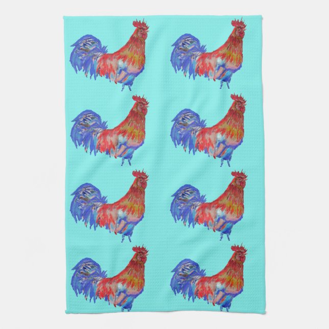 Shabby Chic Blue Rooster Chicken Kitchen Tea Towel (Vertical)