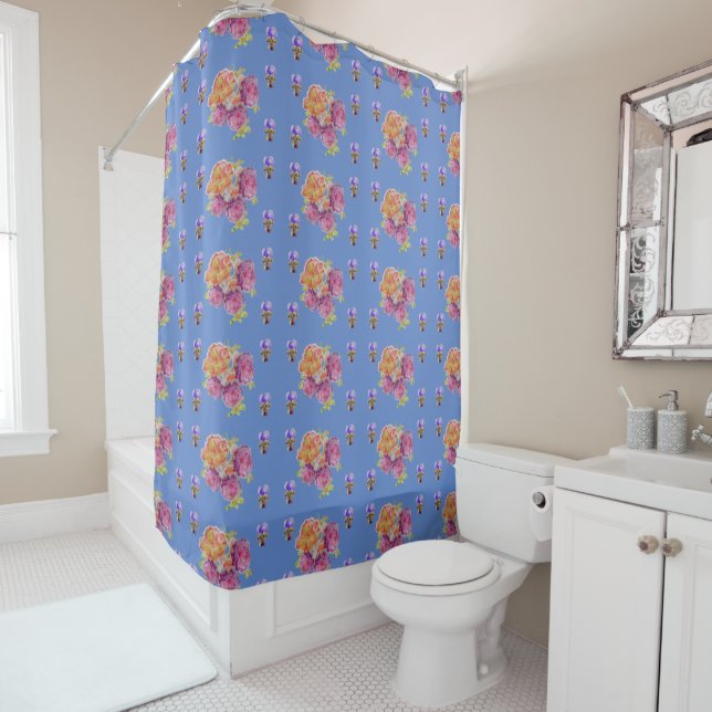 Shabby Chic Blue Roses and Violets Shower Curtain (In Situ)
