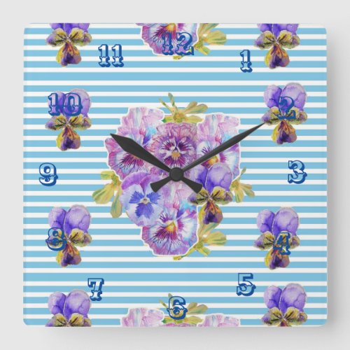 Shabby Chic Blue Stripe Pansy Flower Floral Art Square Wall Clock