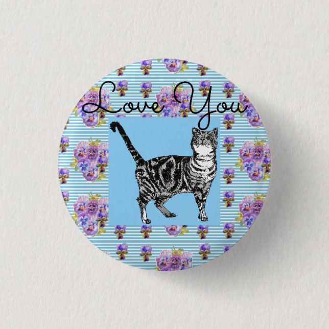Shabby Chic Blue Stripe Tabby Cat Love Heart Button (Front)