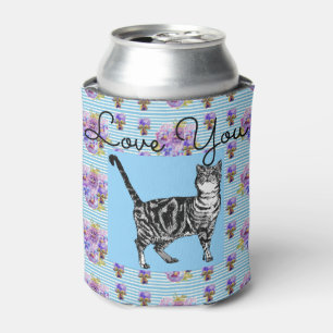 Shabby Chic Blue Stripe Tabby Cat Love Heart Can Cooler