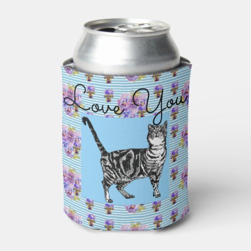 Shabby Chic Blue Stripe Tabby Cat Love Heart Can Cooler