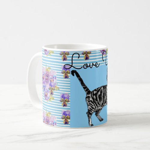 Shabby Chic Blue Stripe Tabby Cat Love Heart Coffee Mug
