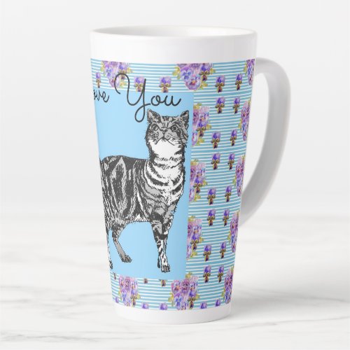 Shabby Chic Blue Stripe Tabby Cat Love Heart Latte Mug