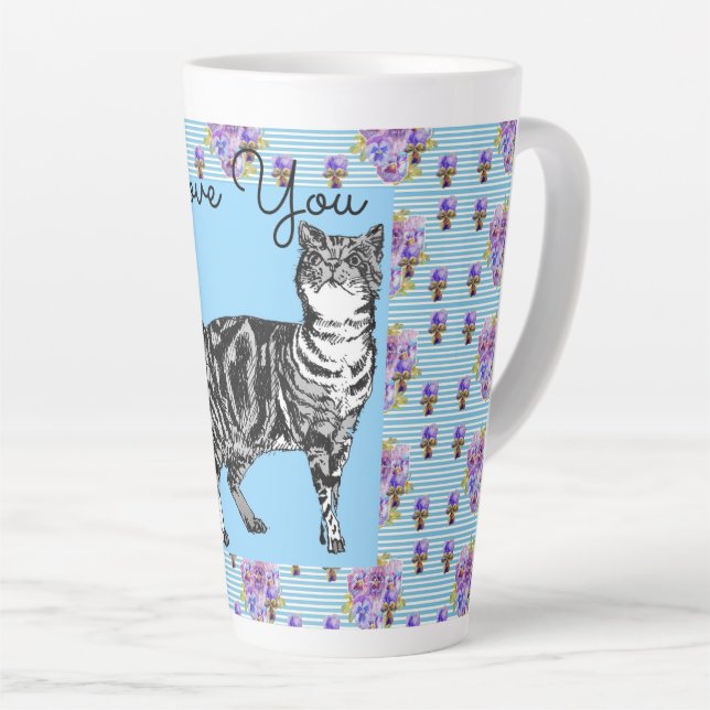 Shabby Chic Blue Stripe Tabby Cat Love Heart Latte Mug (Right Angle)