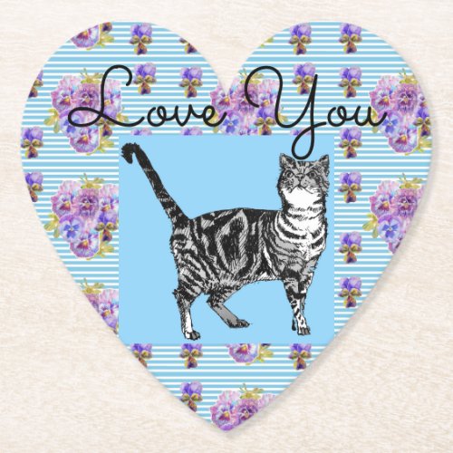 Shabby Chic Blue Stripe Tabby Cat Love Heart Paper Coaster
