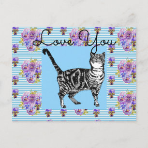 Shabby Chic Blue Stripe Tabby Cat Love Heart Postcard