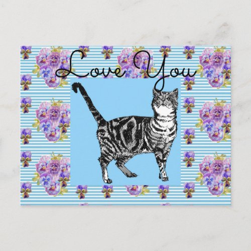 Shabby Chic Blue Stripe Tabby Cat Love Heart Postcard