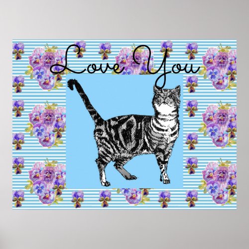Shabby Chic Blue Stripe Tabby Cat Love Heart Poster