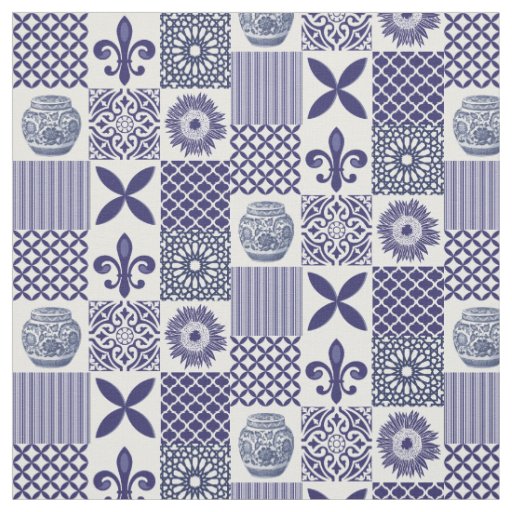 Shabby Chic Blue White Sunflower Geometric Pattern Fabric