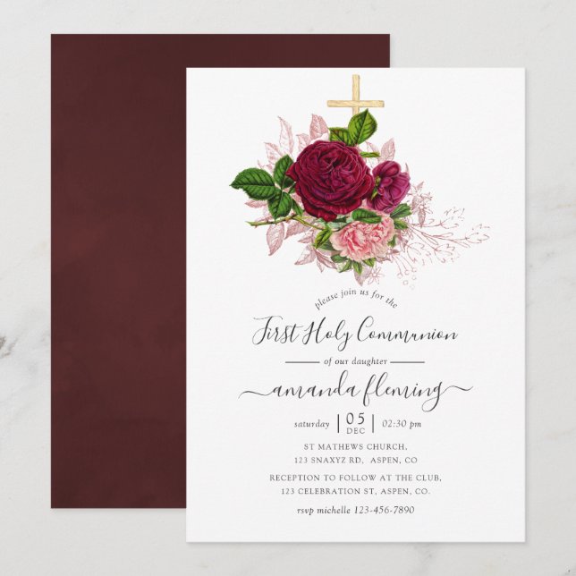 Shabby-Chic Blush and Burgundy Holy Communion Invitation (Front/Back)