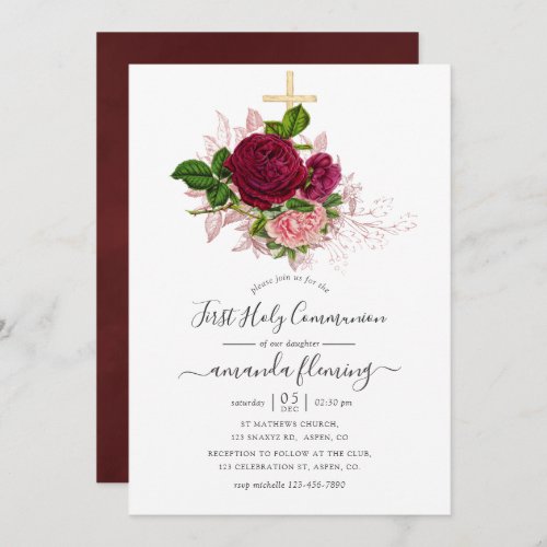 Shabby_Chic Blush and Burgundy Holy Communion Invitation