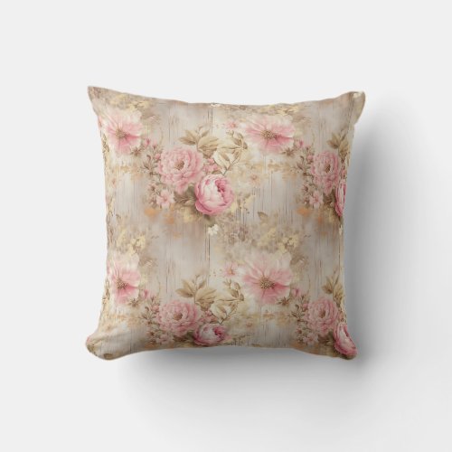 Shabby Chic blush and gold floral throw pillow 