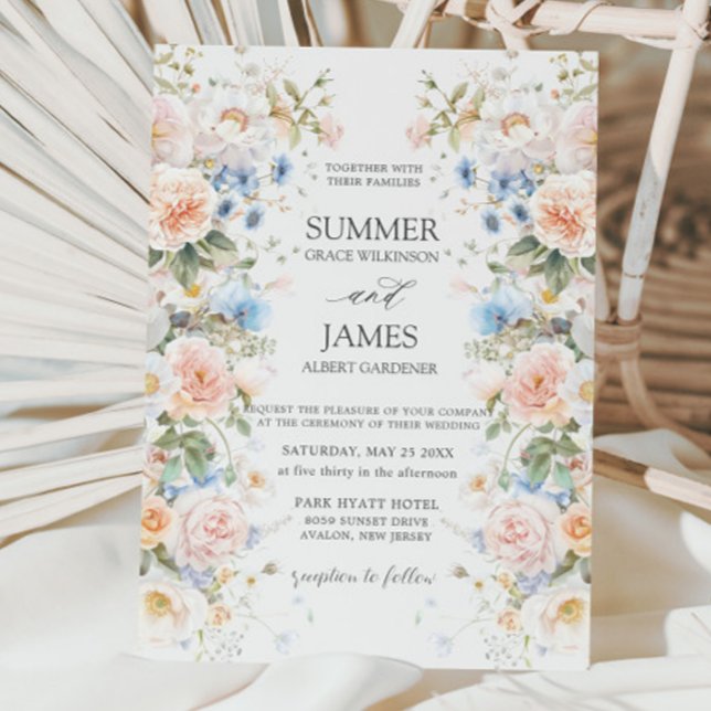 Shabby Chic Blush Blue White Floral Flower Wedding Invitation (Creator Uploaded)