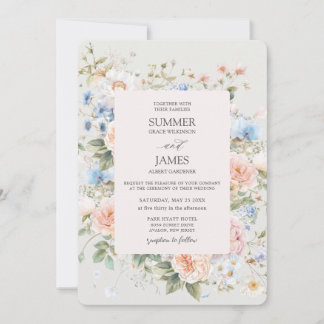 Shabby Chic Blush Blue White Floral Flower Wedding Invitation