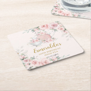 Shabby Chic Blush Floral High Tea Party Birthday Square Paper Coaster