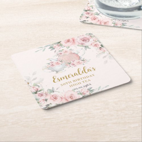 Shabby Chic Blush Floral High Tea Party Birthday  Square Paper Coaster