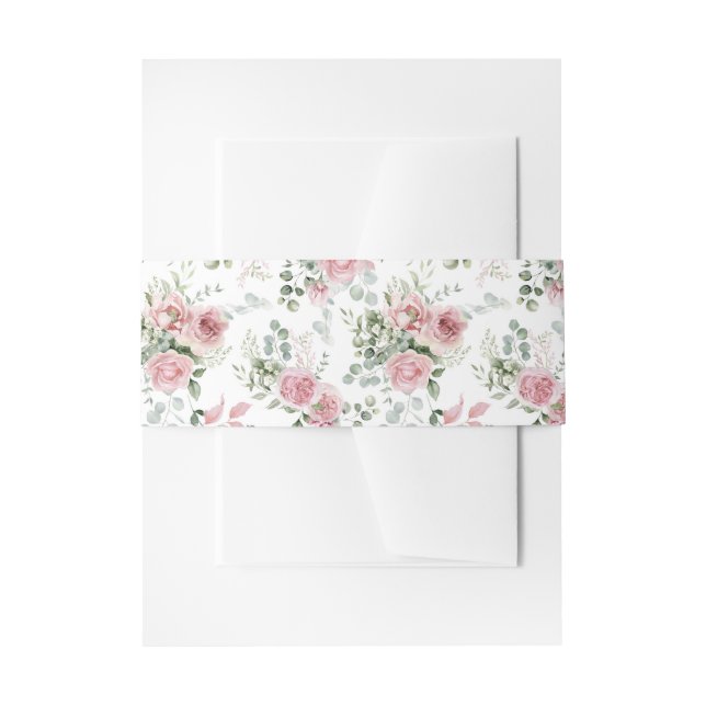 Shabby Chic Blush Pink Roses Eucalyptus Greenery  Invitation Belly Band (Front Example)