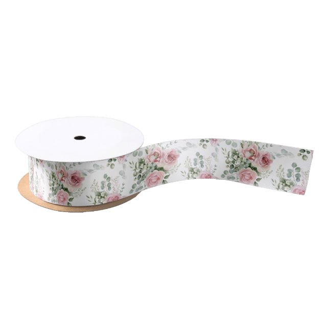 Shabby Chic Blush Pink Roses Eucalyptus Greenery  Satin Ribbon (Spool)