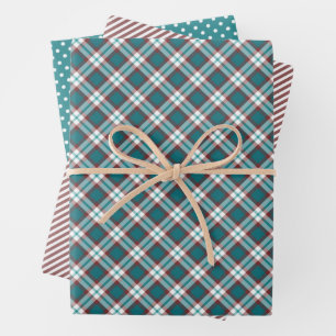 Shabby Chic Blush Red Pink Teal Blue White Plaid Wrapping Paper Sheets