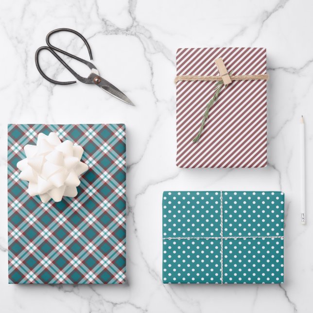 Shabby Chic Blush Red Pink Teal Blue White Plaid Wrapping Paper Sheets (Front)
