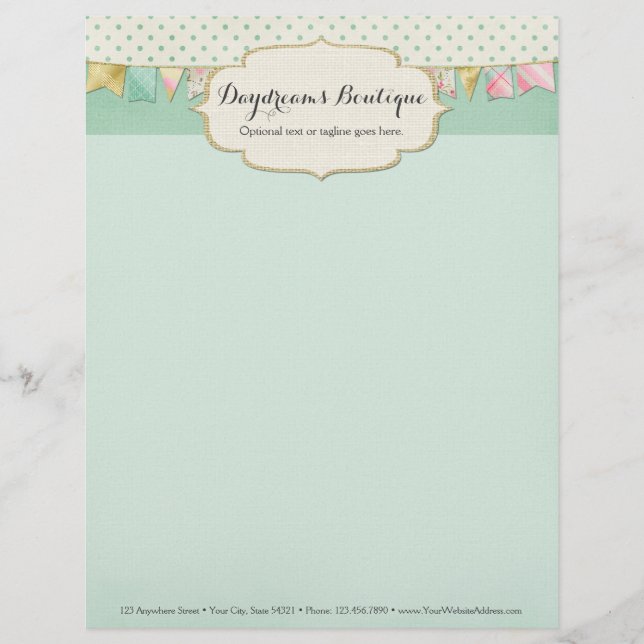 Shabby Chic Boutique Bunting in Pink, Mint & Gold Letterhead (Front)