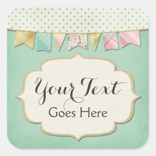 Shabby Chic Boutique Bunting in Pink Mint  Gold Square Sticker