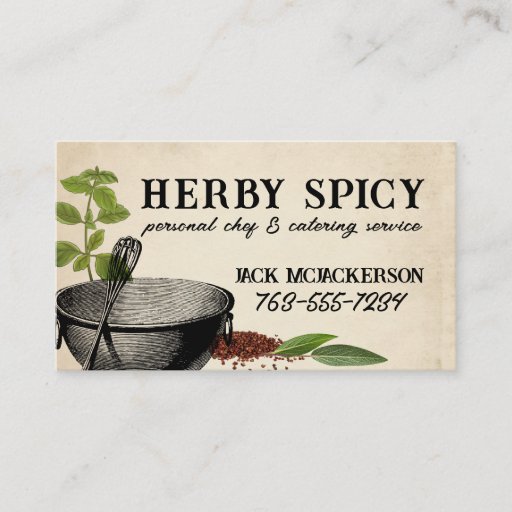 Customizable shabby chic bowl whisk herbs spices chef biz cards business card