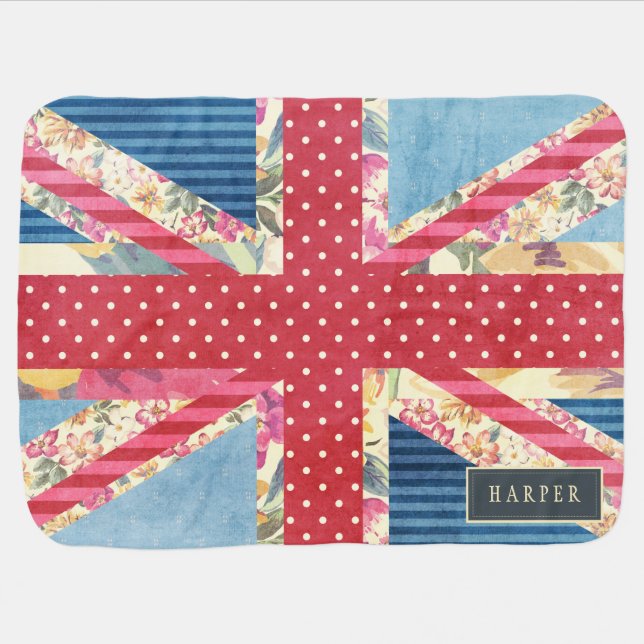 Shabby Chic | British Flag Custom Name Receiving Blanket (Horizontal)