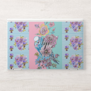 Shabby Chic Budgie Floral Blue Stripe Laptop Skin