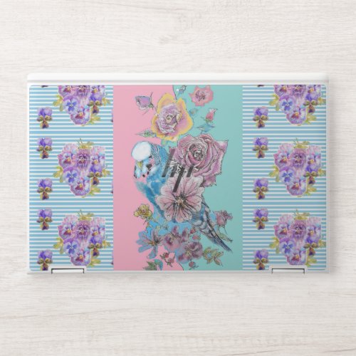 Shabby Chic Budgie Floral Blue Stripe Laptop Skin