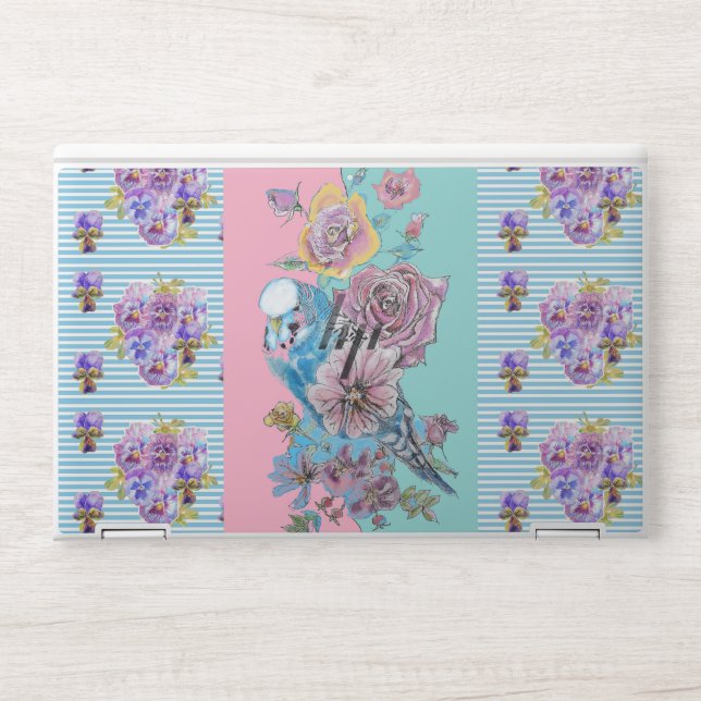 Shabby Chic Budgie Floral Blue Stripe Laptop Skin (Front)