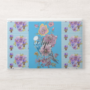 Shabby Chic Budgie Floral Blue Stripe Laptop Skin