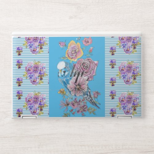 Shabby Chic Budgie Floral Blue Stripe Laptop Skin