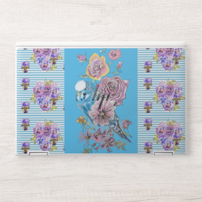 Shabby Chic Budgie Floral Blue Stripe Laptop Skin (Front)