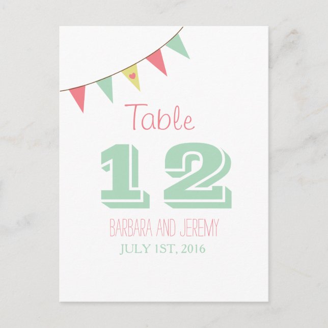 Shabby Chic Bunting Table Number Pink and Mint (Front)