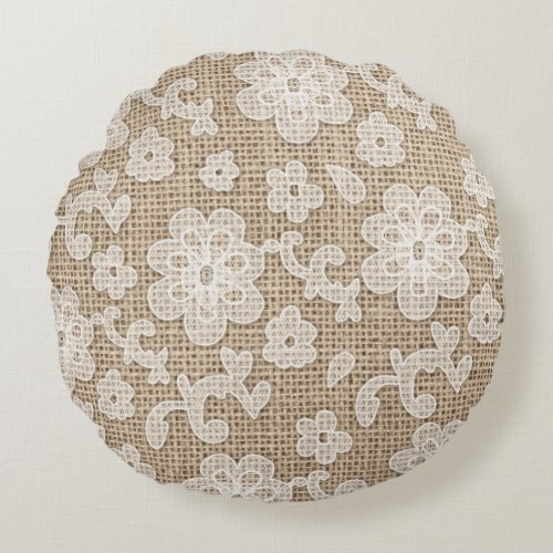 Shabby Chic burlap and lace round pillow